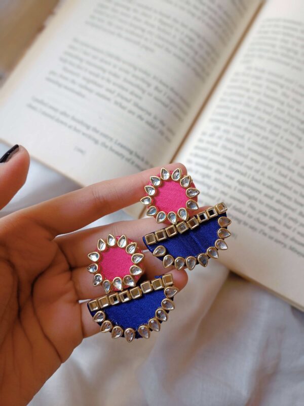Rainvas Pink and blue kundan fabric earrings - Image 2