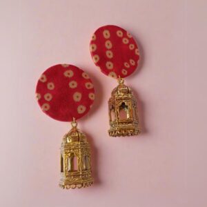Rainvas Red bandhani print golden jhumka earrings