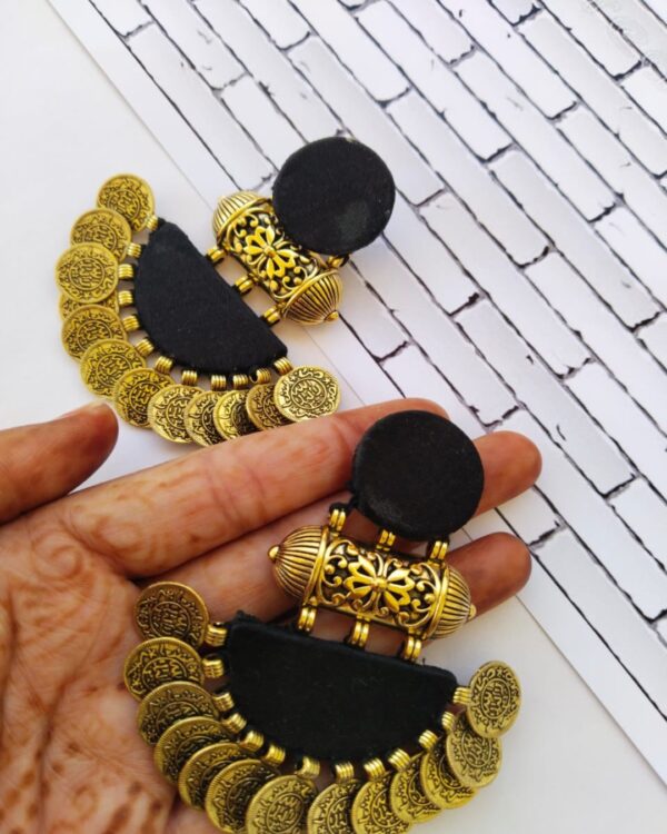 Rainvas plain black and gold coins jhumka earrings - Image 2