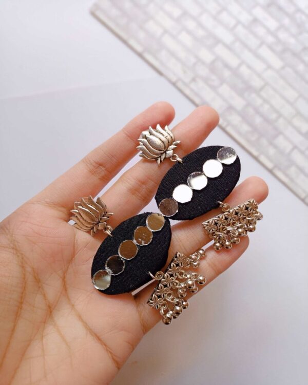 Black Mirror and Silver Ghungroo Earrings - Image 2