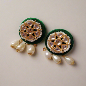 Rainvas green round kundan beads and white pearls tiny earrings