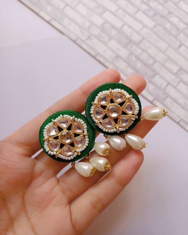 Rainvas green round kundan beads and white pearls tiny earrings - Image 2