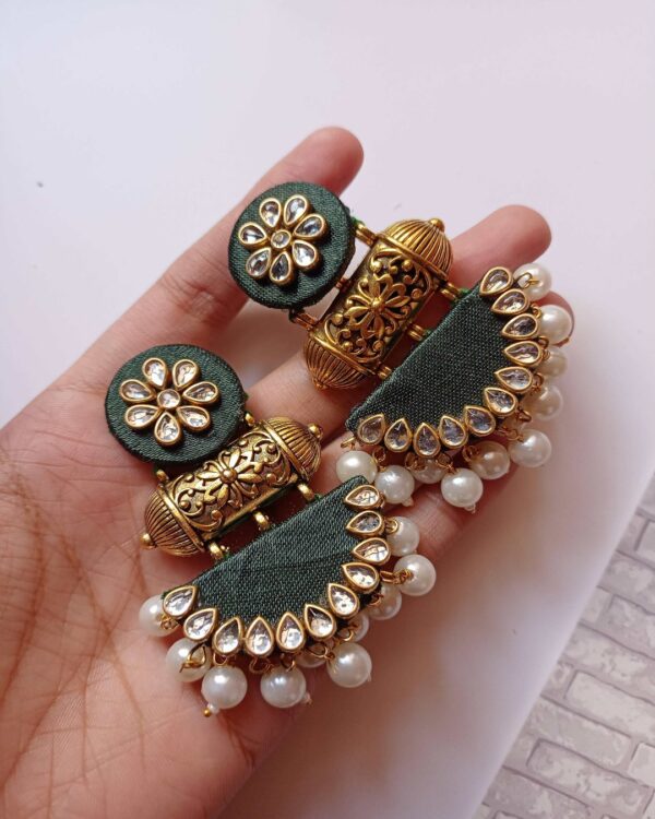 Green kundan pearls jhumka - Image 2