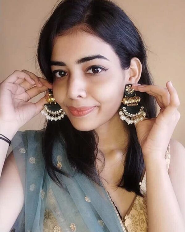 Green kundan pearls jhumka - Image 3