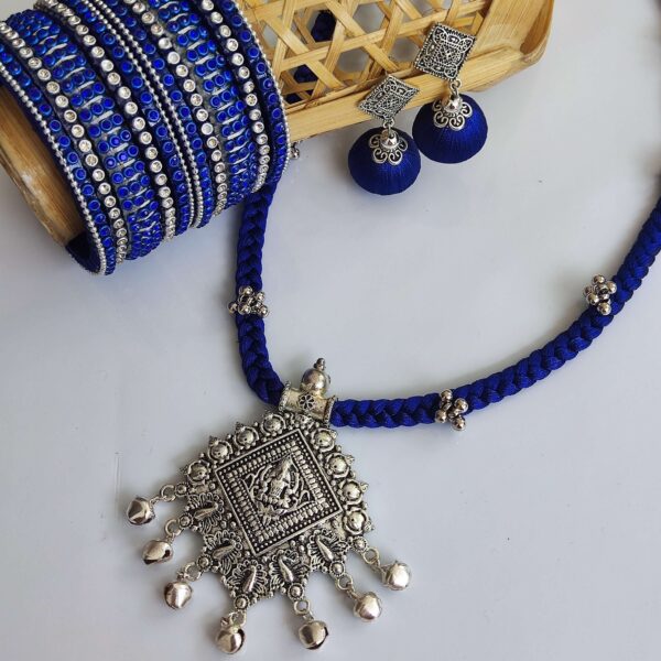 Royal blue silk thread necklace and jhumka earring set - Image 2