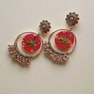 Rainvas pink bandhani printed fabric bali ghungroo earrings