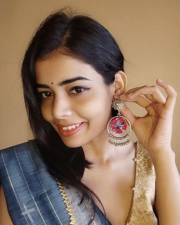 Rainvas pink bandhani printed fabric bali ghungroo earrings - Image 3