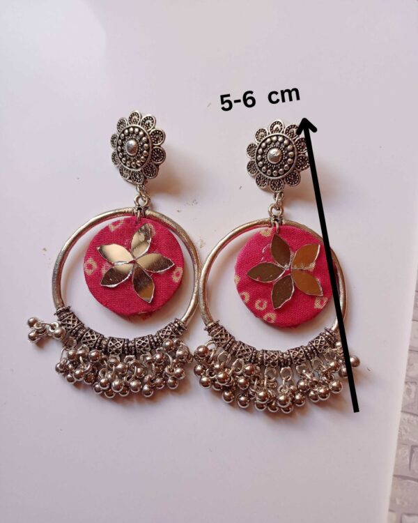 Rainvas pink bandhani printed fabric bali ghungroo earrings - Image 4