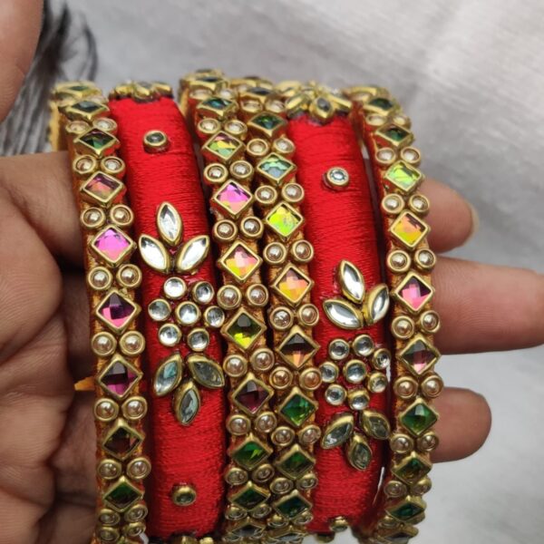 Multi Color Silk Thread Bangle set with Kundan work - Image 4