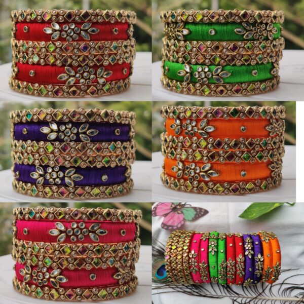 Multi Color Silk Thread Bangle set with Kundan work - Image 2