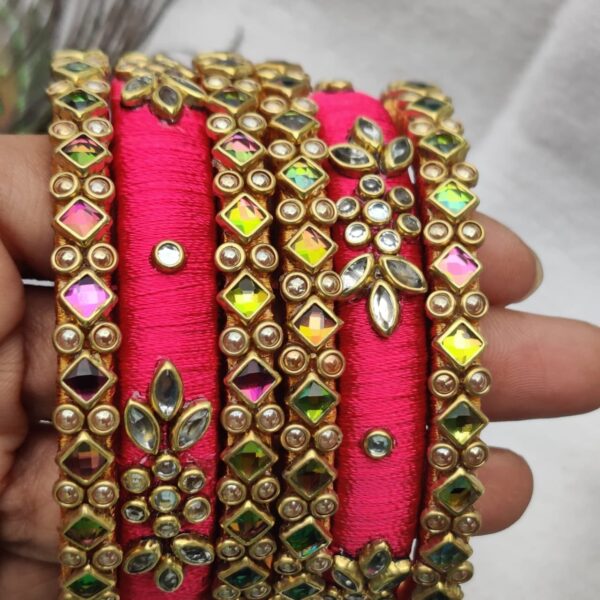 Multi Color Silk Thread Bangle set with Kundan work - Image 6