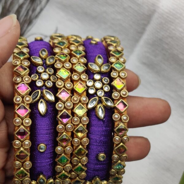 Multi Color Silk Thread Bangle set with Kundan work - Image 5