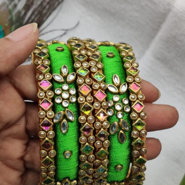 Multi Color Silk Thread Bangle set with Kundan work - Image 7