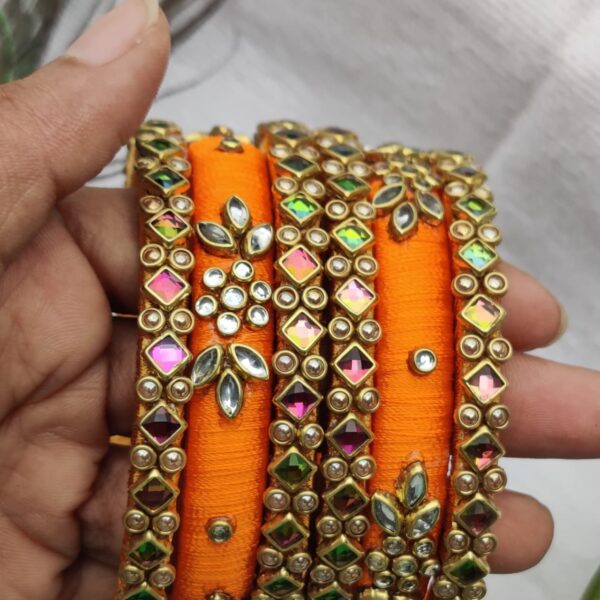 Multi Color Silk Thread Bangle set with Kundan work - Image 3