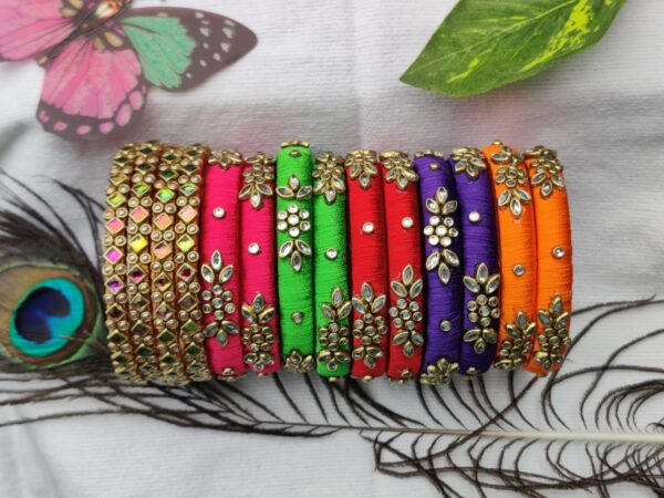 Multi Color Silk Thread Bangle set with Kundan work