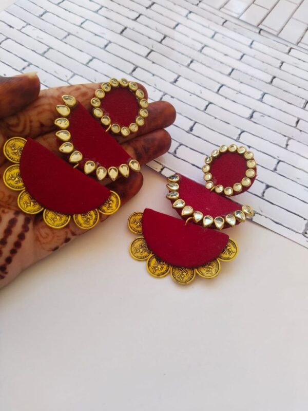 Maroon Kundan Coin Jhumka - Image 2