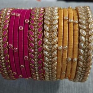 Pink and Yellow Silk Thread Bangles set