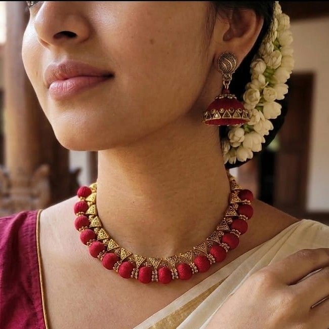 Handmade silk thread Red choker set - Image 2