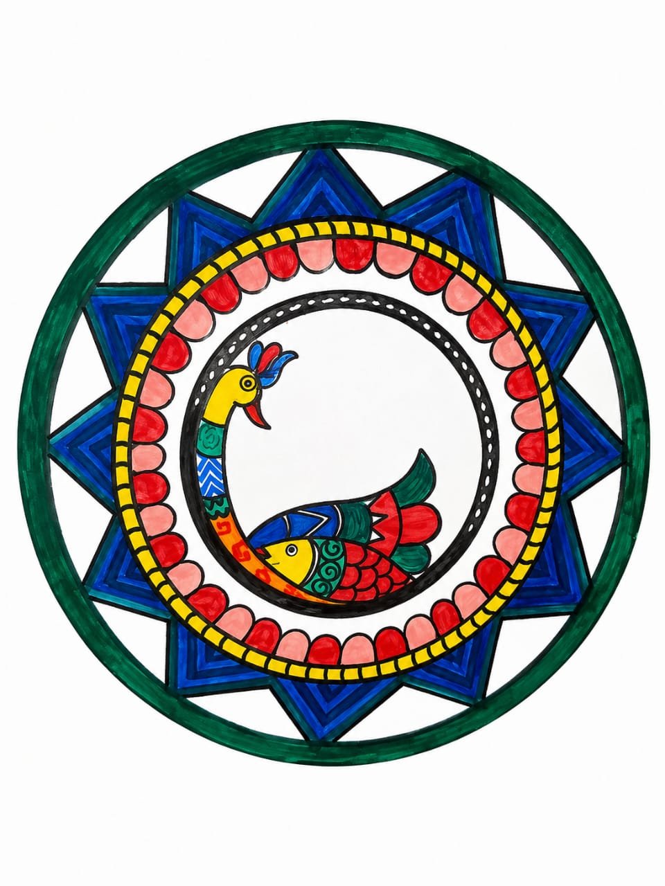 Traditional Madhubani Peacock and Fish hand painted wall plate(17cm) - Image 2